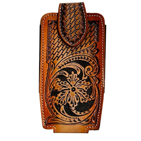 Western Leather Cell Phone holster brown - hand tooled,Funda de piel vaquera - Picture 2 of 4